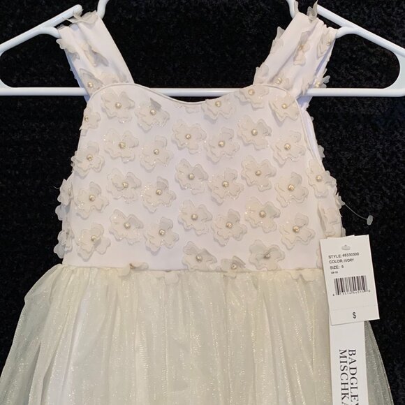 Badgley Mischka Girls Ivory Lace Flower Dress Size 5 Small Shoulder Straps NWT - Picture 3 of 9